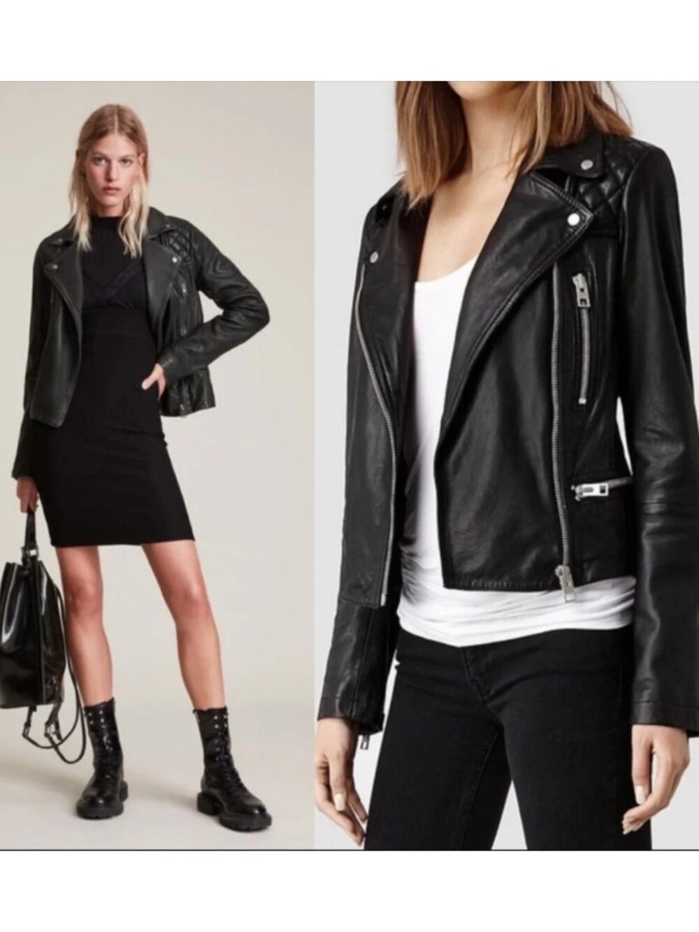 NEW AllSaints black leather Catch biker jacket full zip cropped quilted moto US4